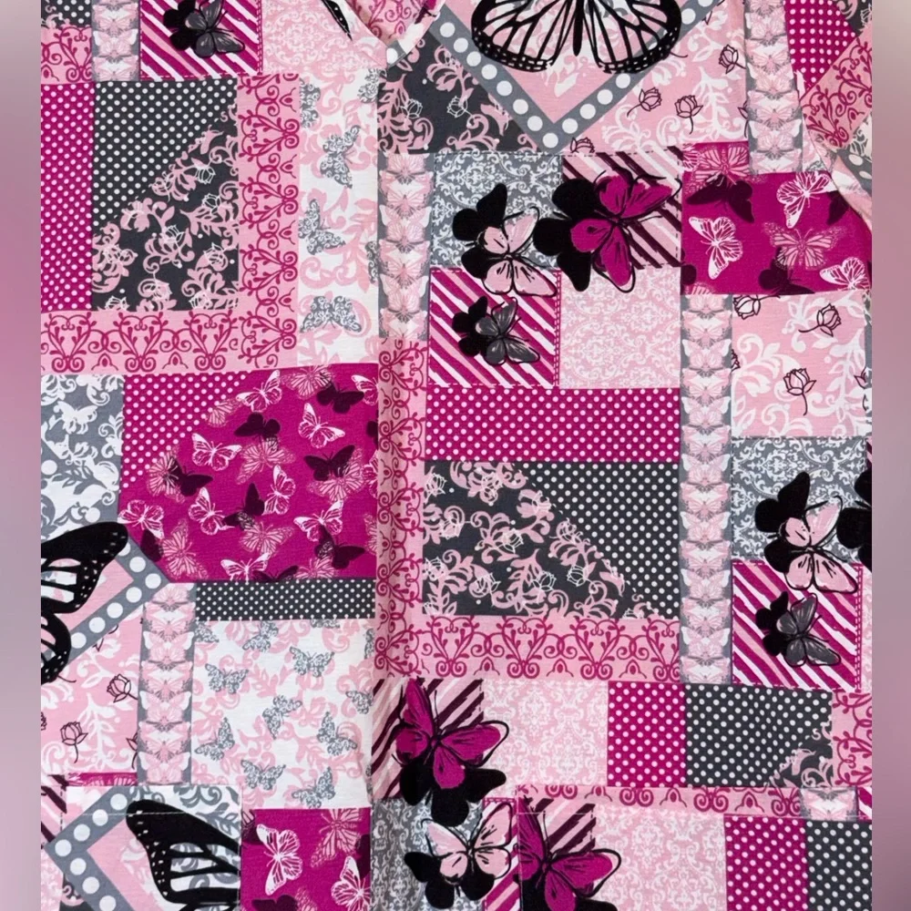 Women's size medium 24/7 comfort Pink and Black‎ Butterfly Patchwork scrub top